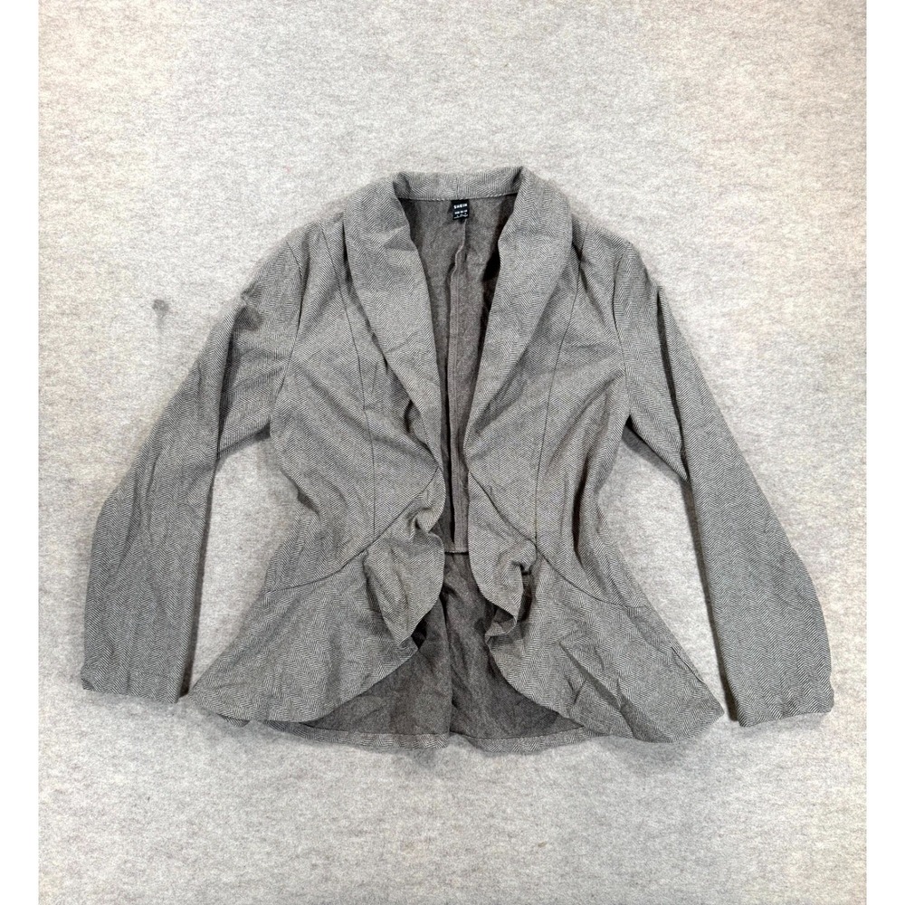 SHEIN Blazer Jacket Womens S Gray Herringbone Ruffle Hem Shawl Collar Open Front